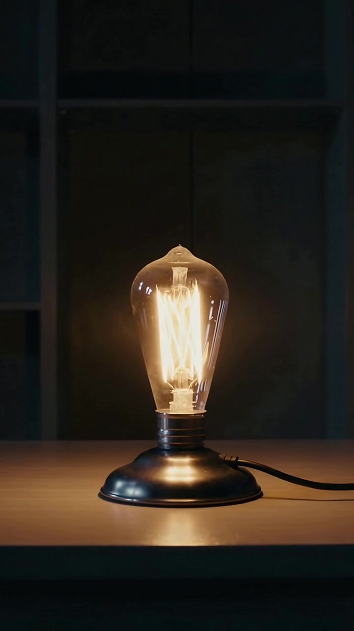 Video verticale: Lampadina Edison alimentata che si illumina e sfarfalla su un tavolo, con base, cavo e mensola.