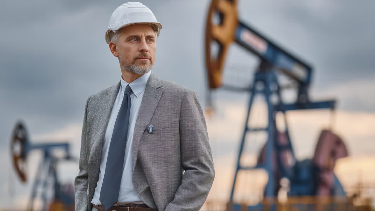 A Confident Oil Executive Overseeing Operations at a Pumpjack Site, Representing Leadership and Commitment in the Energy Sector Under Dramatic Skies