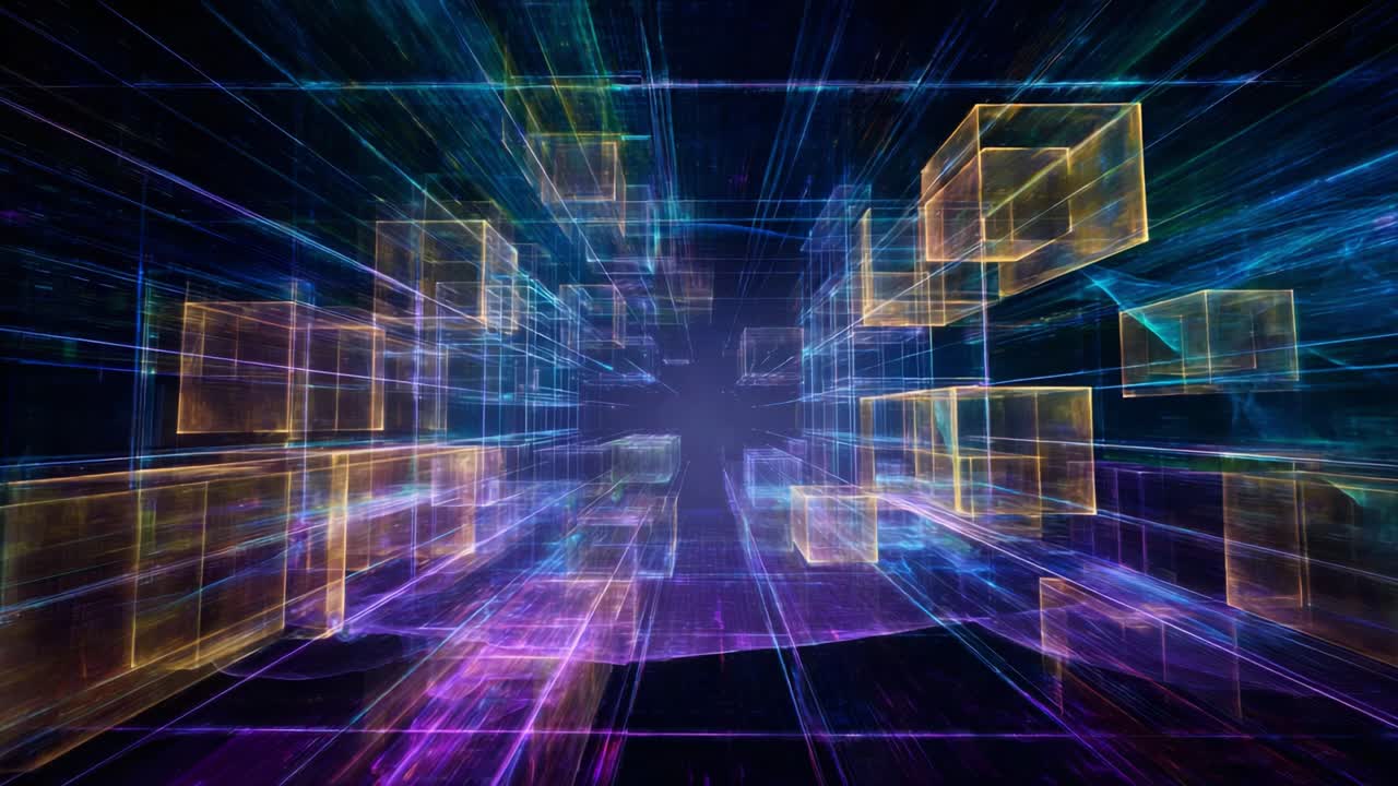 A stunning visual representation of digital data, featuring vibrant cubes in a high-tech environment that conveys motion and depth within a futuristic digital landscape