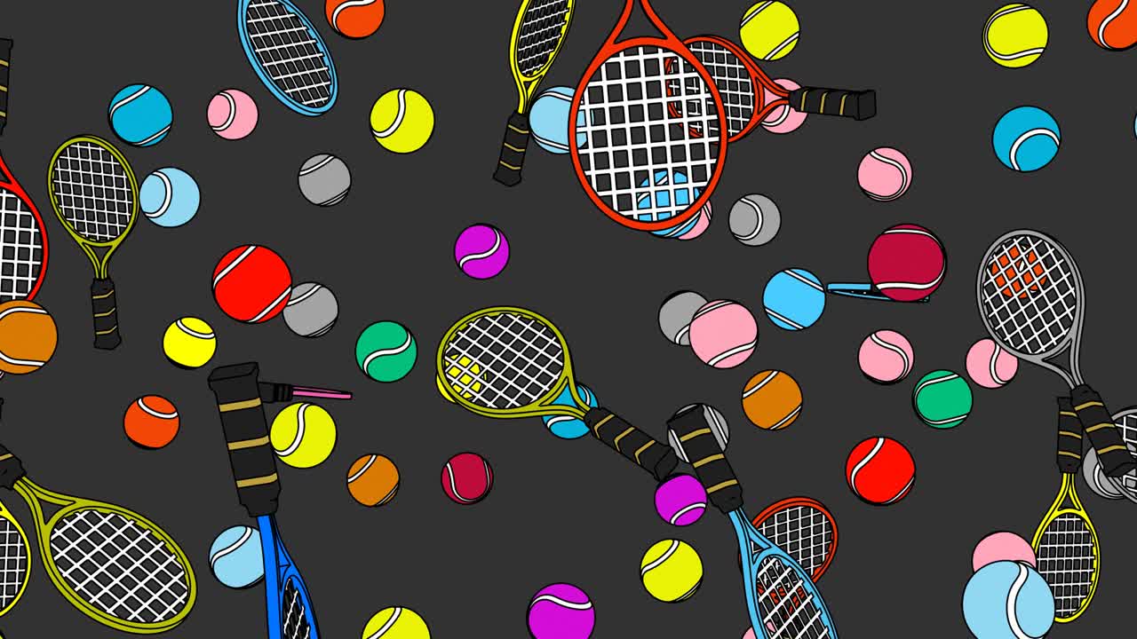 회색 바탕에 다채로운 테니스 공과 테니스 라켓을 그린 스타일입니다.