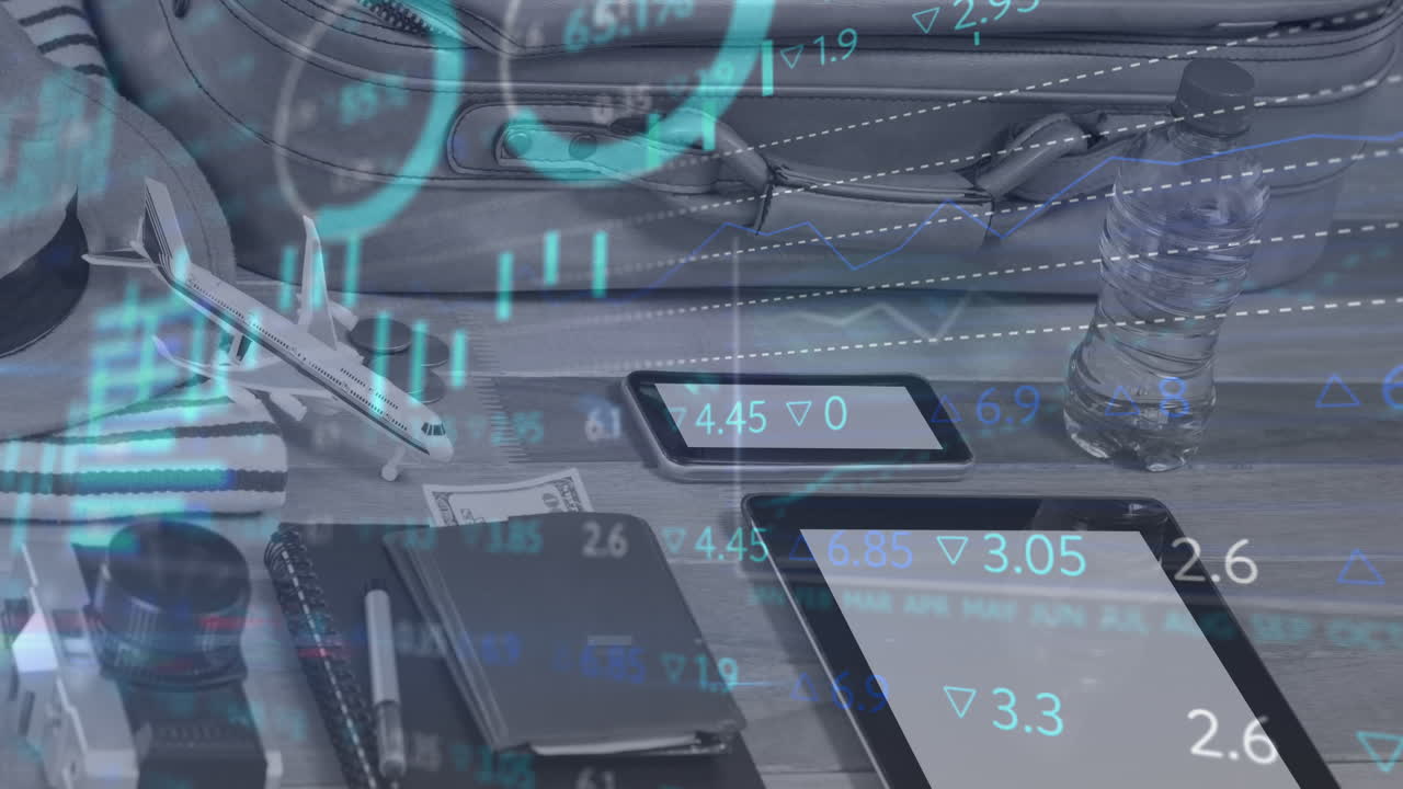 Animation of financial data processing over electronic devices and suitcase with travel items
