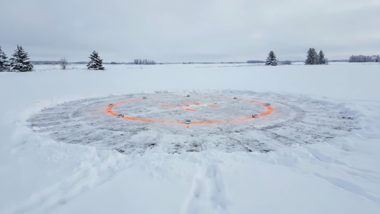Heliport s oranžovým značením na zasněženém zimním poli