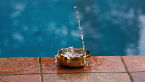 dropping a small piece of metal in a bowel containing water at the edge of a pool causing a big splash