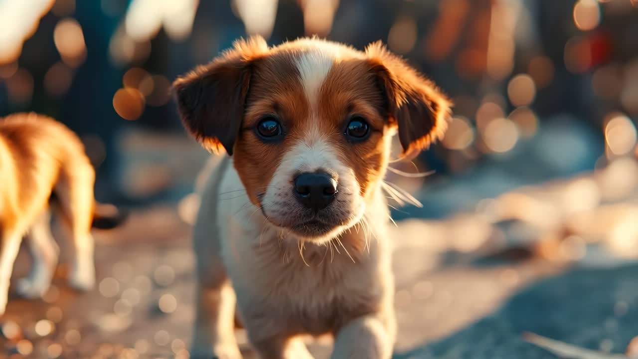 A small brown and white dog standing next to another small dog