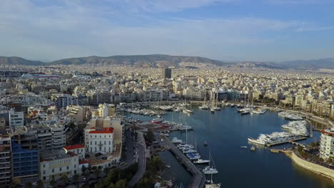 aerial drone shot from piraeus looking back at rest of athens greece, 4k