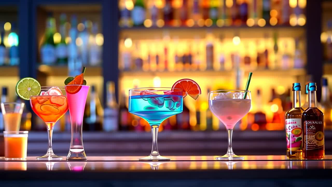 Fotogramma video vivace di cocktail colorati su un bancone da bar, ripreso da una angolazione bassa, con uno sfondo sfocato