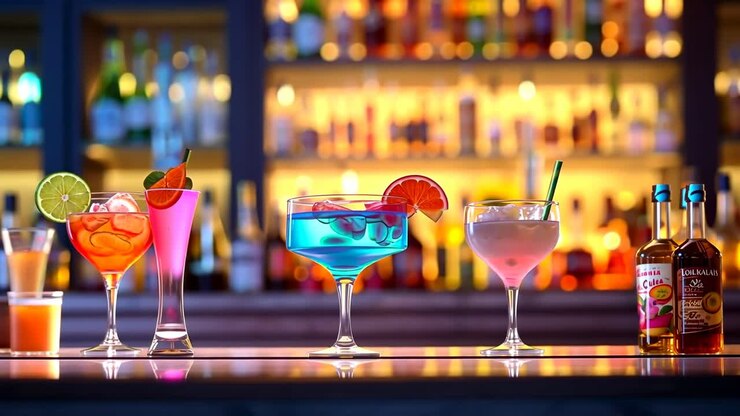 Fotogramma video vivace di cocktail colorati su un bancone da bar, ripreso da una angolazione bassa, con uno sfondo sfocato
