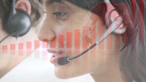 animation of financial data processing over business people wearing headsets