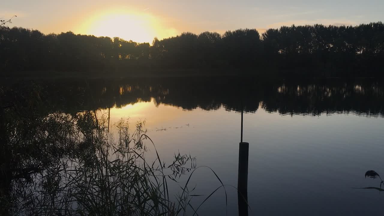 잔잔한 호수 옆에 해가 뜨고 있다