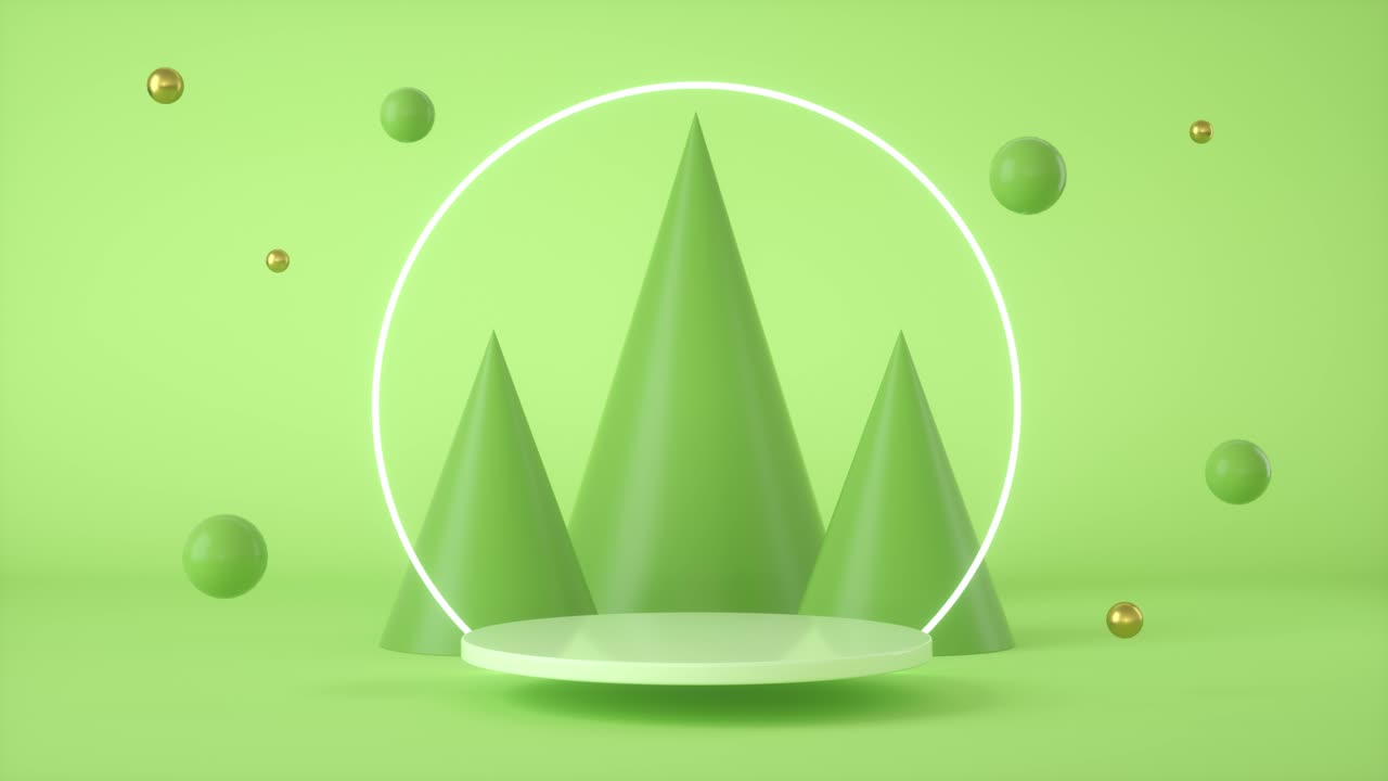 3D animation loop. Green abstract background with a podium and a light ring