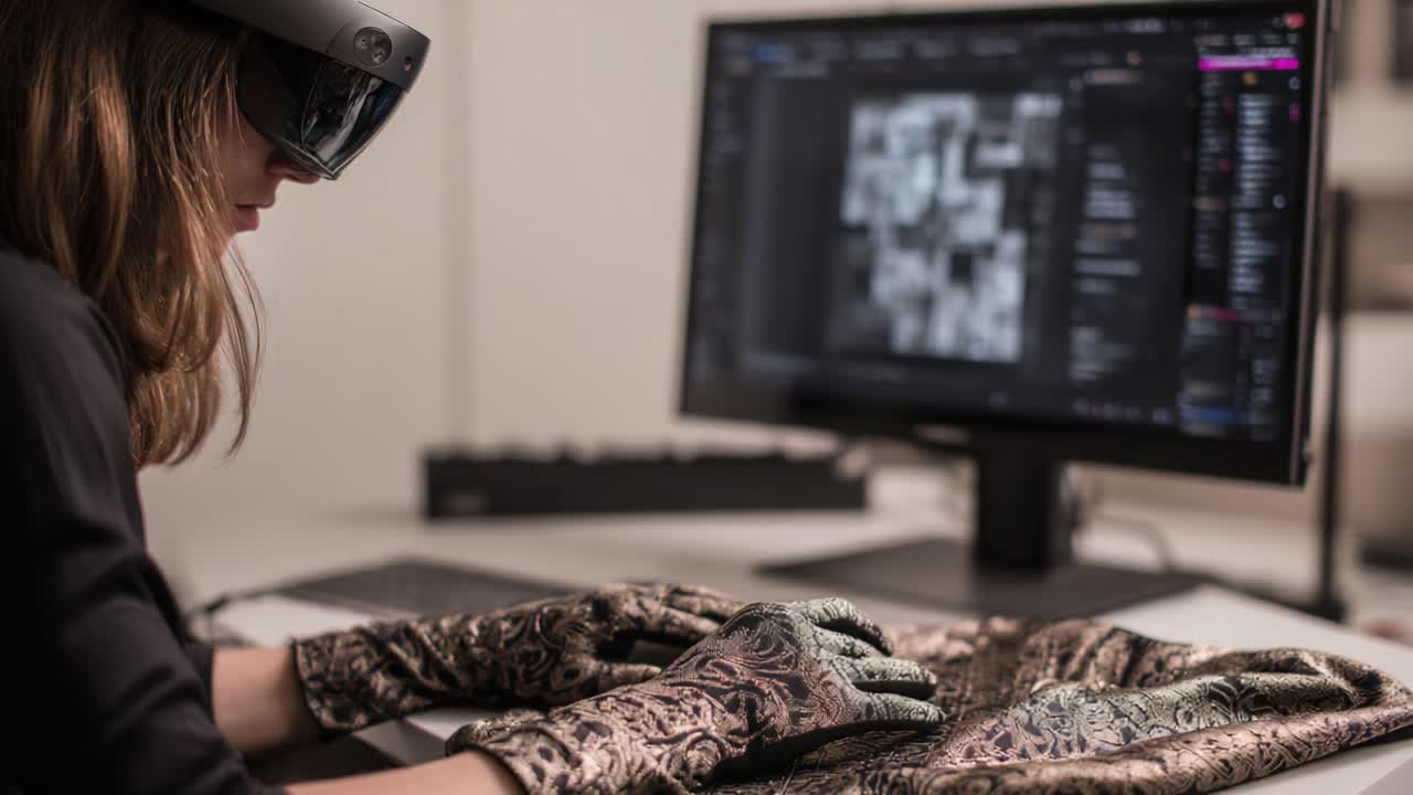 A young individual utilizes advanced augmented reality technology while wearing specialized gloves, engaged in a creative digital design process at a high-tech workstation with an immersive computer display