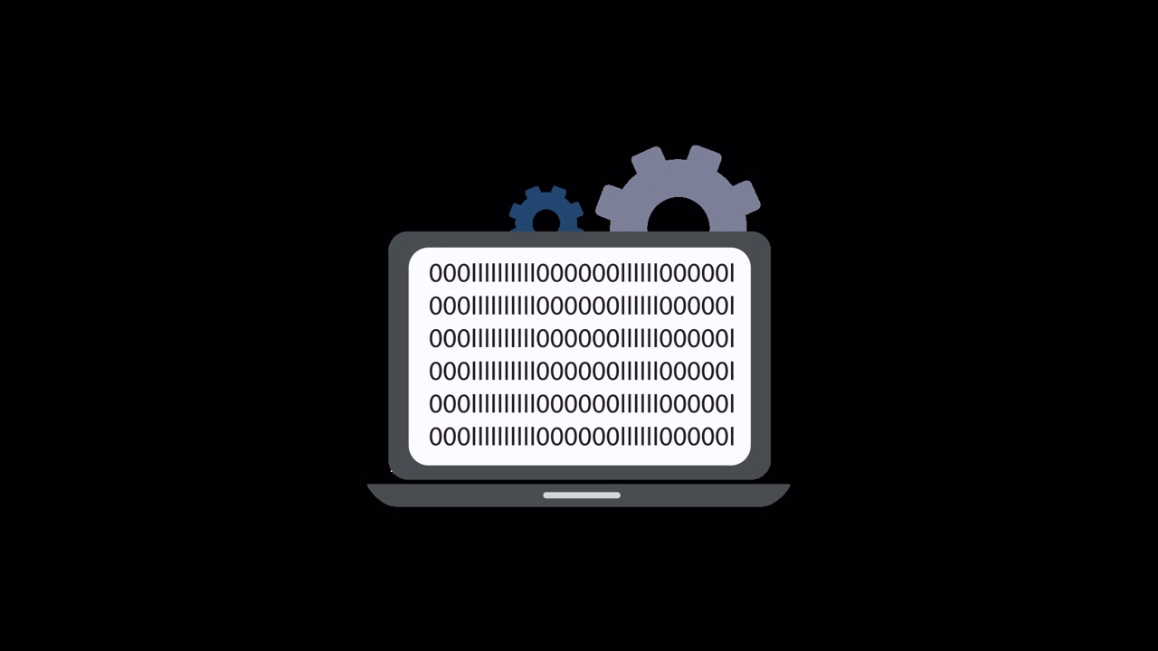 Animated Laptop Displaying Binary Code with Rotating Gears