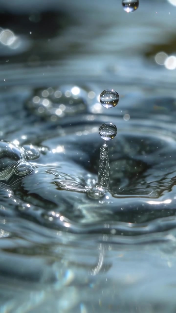Vertikales Video: Klarer Tropfen trifft auf Wasseroberfläche, erzeugt Spritzsäule und Ringe.