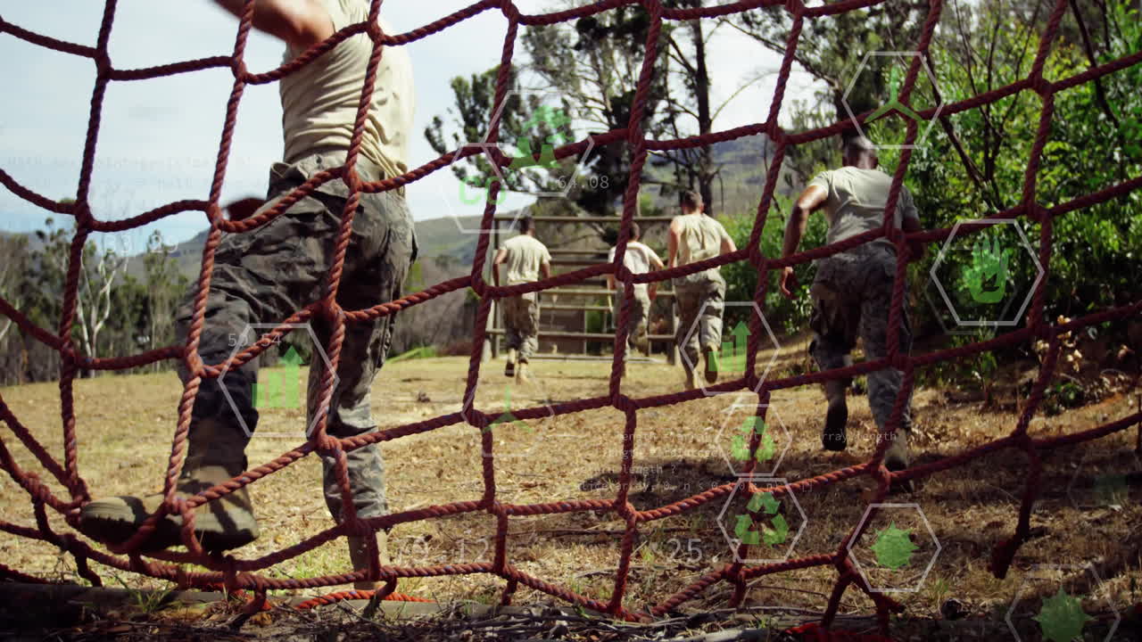Running through obstacle course, military personnel with animation of digital data overlay