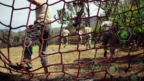 running through obstacle course, military personnel with animation of digital data overlay