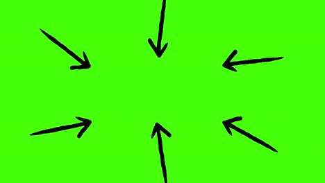Animation of six black arrows pointing inwards on green background
