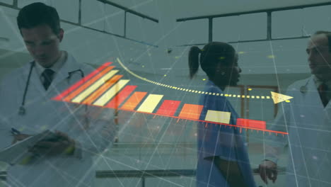 medical data analysis animation over healthcare professionals in hospital