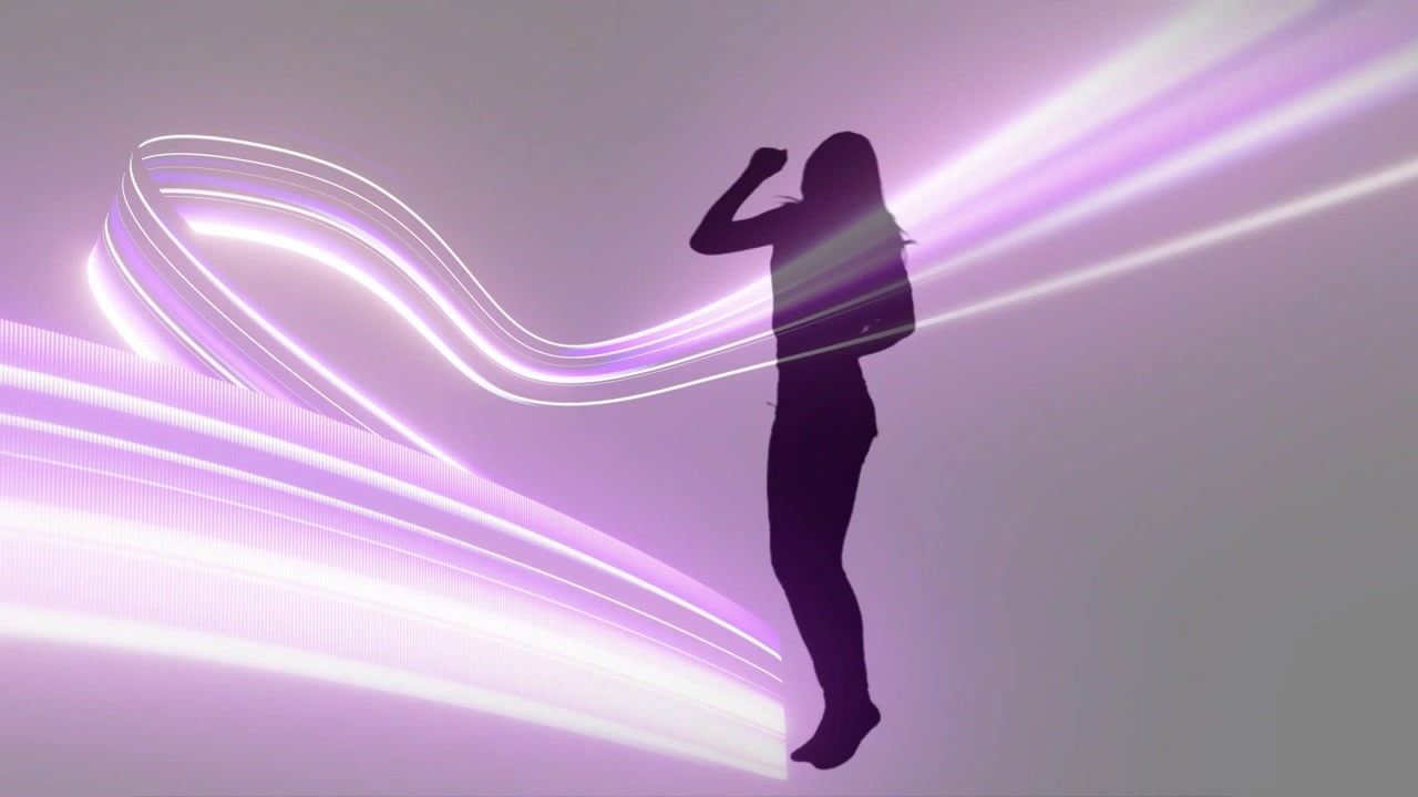 Left purple and white ribbons curling, female silhouette stepping, jumping, creating rhythmic light