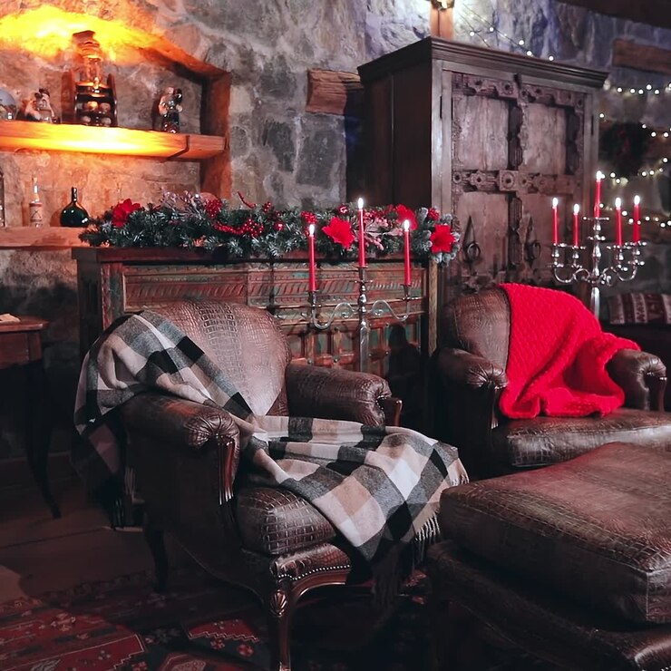 Empty comfortable living-room with Christmas decorations. Warm blankets on soft armchairs and candlesticks with red candles in the house