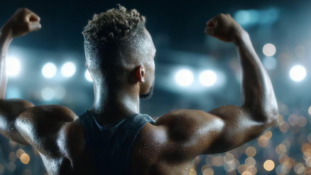 A Powerful Athlete Showcases Strength Under Dramatic Lighting, Celebrating Triumph and Resilience in a High-Energy Sporting Environment