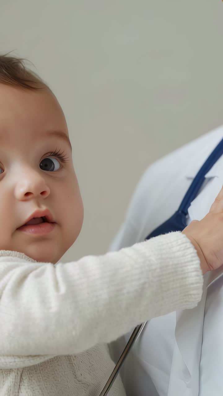 Video verticale: Stetoscopio inquadrato, neonato in maglione che allunga la mano verso un camice bianco in una clinica, intento a esplorare