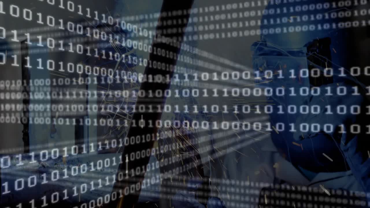 female welder holding torch, welding metal beam in workshop, cascading binary code overlay