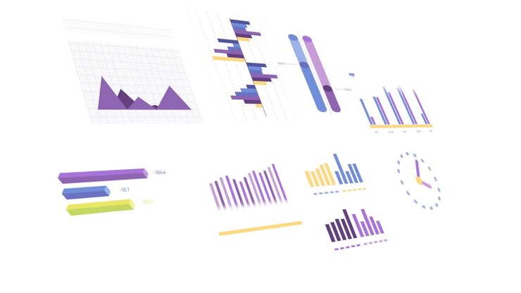 Animazione di elaborazione statistiche, grafici e dati finanziari su sfondo bianco