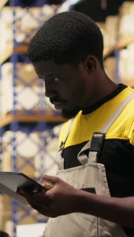 vertical video black staff member using a barcode scanner to process shipping labels
