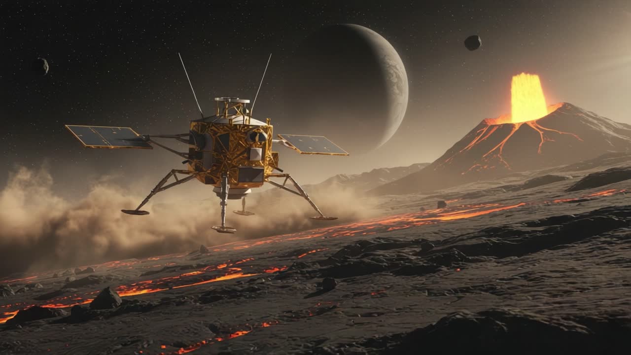 A futuristic spacecraft descends onto a volcanic alien landscape, featuring flowing lava, a dramatic eruption, and a distant planetary backdrop, showcasing the wonders of extraterrestrial exploration