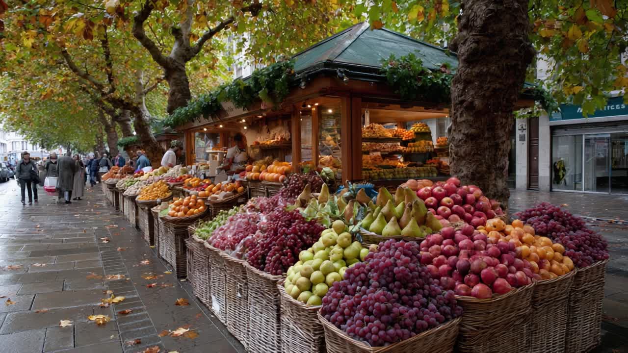 A Vibrant Display of Fresh Fruits at a Bustling Market: A Colorful Array of Grapes, Apples, Pears, and More Under Autumn Leaves and Inviting Stalls