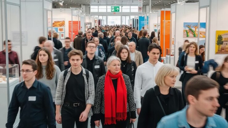 Persone che camminano attraverso una sala espositiva affollata o una fiera commerciale
