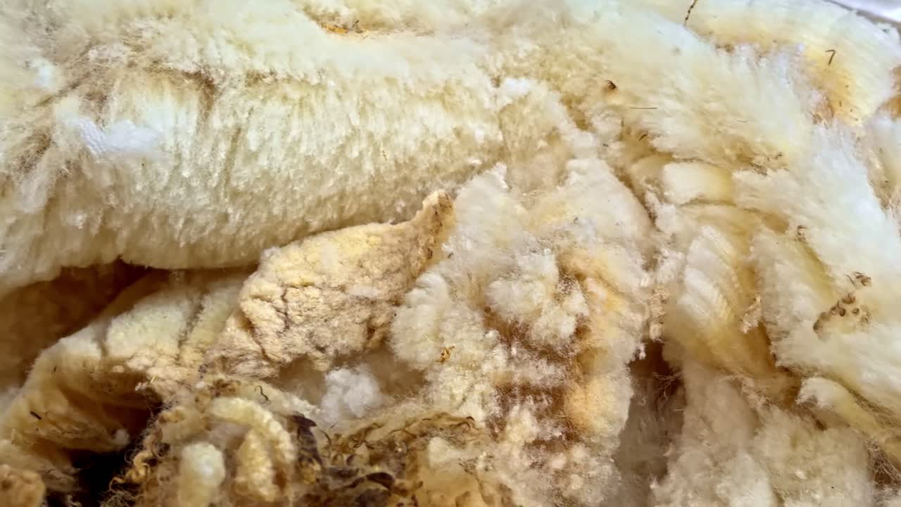 Primo piano di lana di pecora dopo la tosatura, che mostra i dettagli della trama.