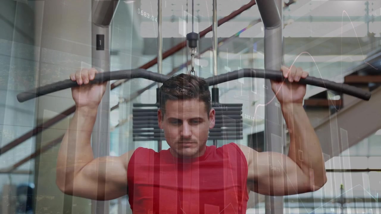 Animation af statistik og databehandling over en fit mand, der træner i et fitnesscenter.