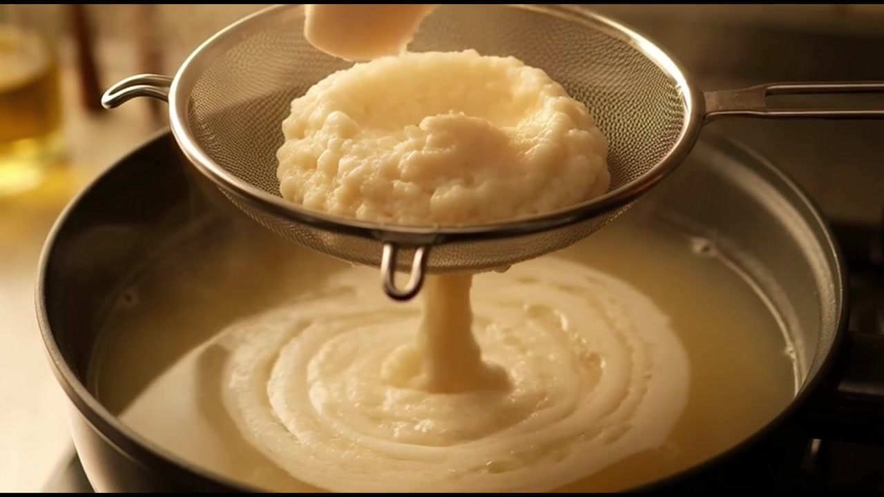 Chef Pressing Cooked Rice Through a Sieve into Boiling Broth