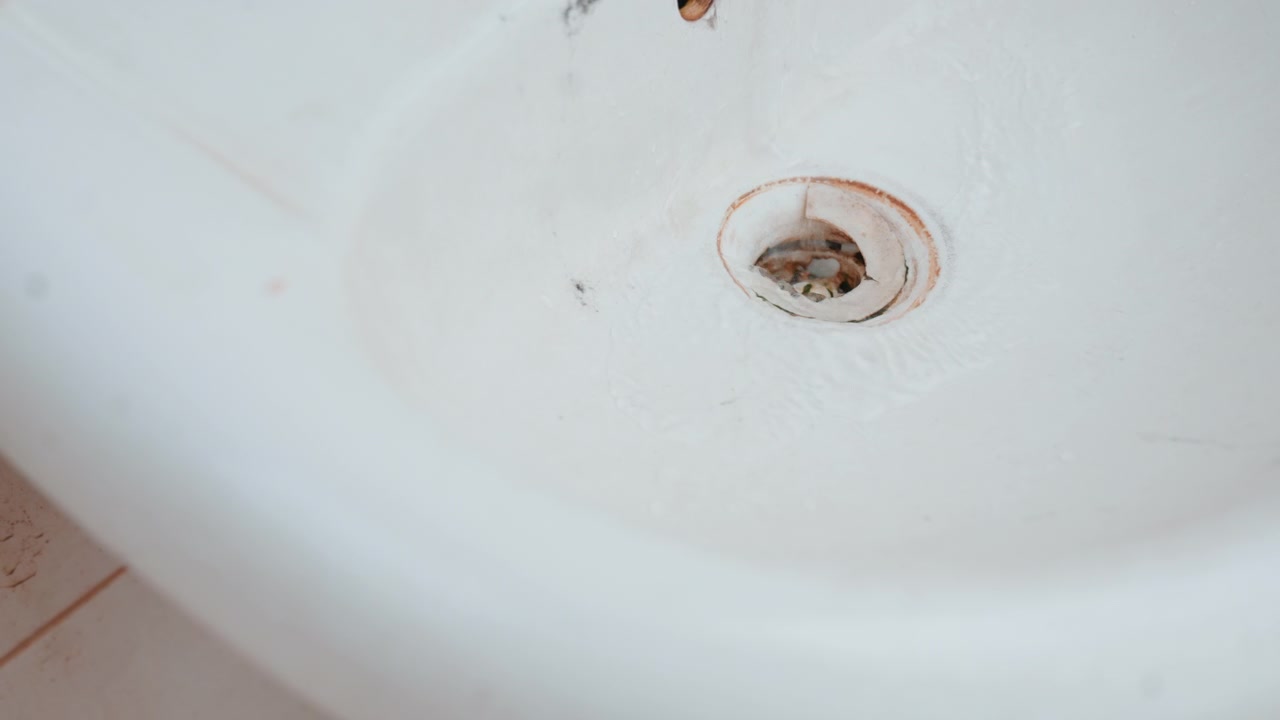 Closeup dirty sink drain with rust. Porcelain basin stained with grime and mineral buildup, chipped enamel around drain, muted lighting, abandoned household mood, texture details for renovation