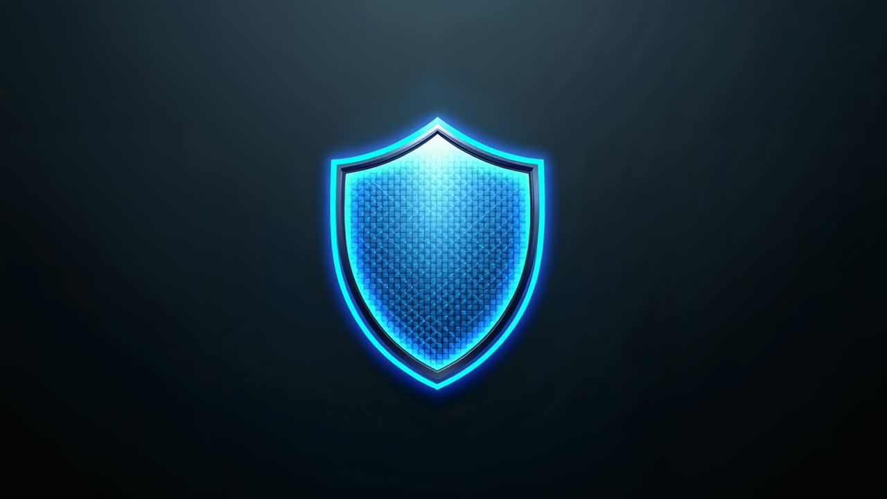 Animating shield emblem glowing on dark backdrop, frames revealing honeycomb texture for display