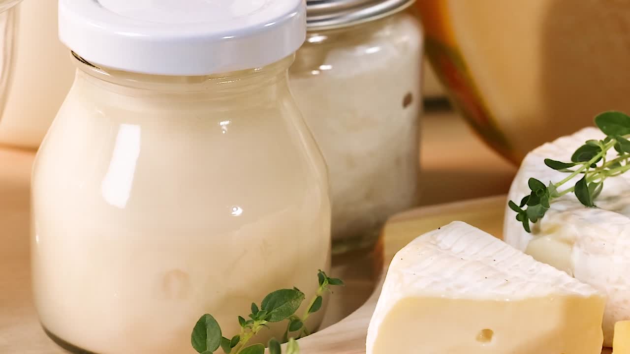 A selection of various cheeses and cream jars on a wooden board garnished with herbs.