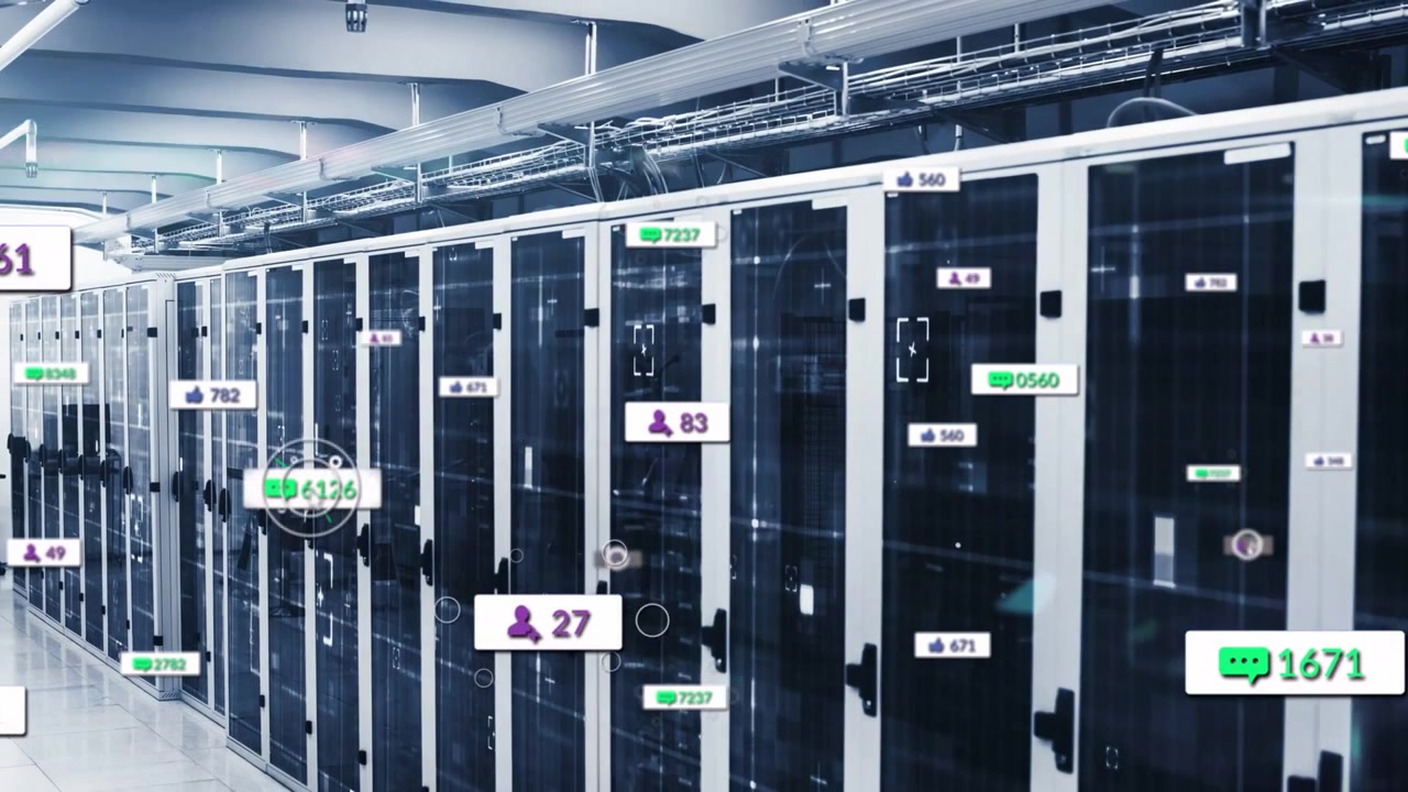 Server racks showing overlays in data-center, pointer hovering tags and visualizing metrics