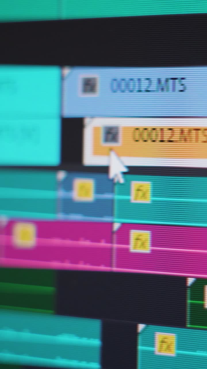 Video editing. Moving and trimming a video clip on a complex timeline. Screen close up