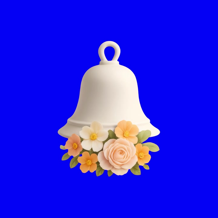 Campana blanca renderizada en 3D decorada con flores pastel sobre fondo azul