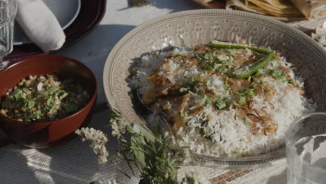 close-up of a delicious rice dish served on a table