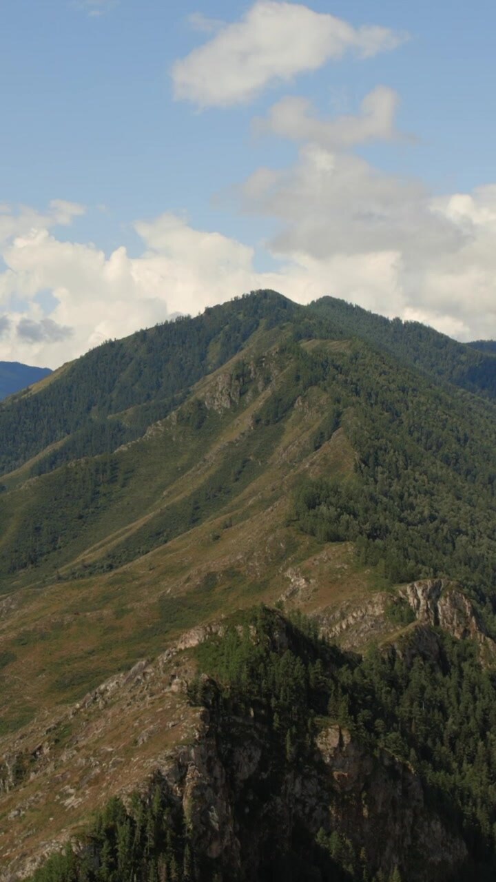Toma panorámica de una cresta de montaña verde y acantilados rocosos sobre el Valle de Ak-Kem, montañas de Altai, Rusia, con denso bosque de coníferas y suaves nubes de verano