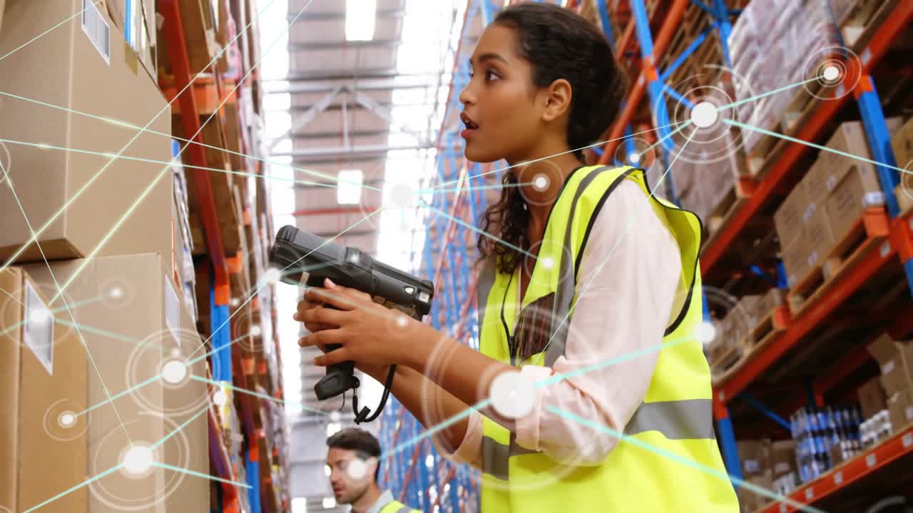 Animation of communication network over female worker using scanner in warehouse