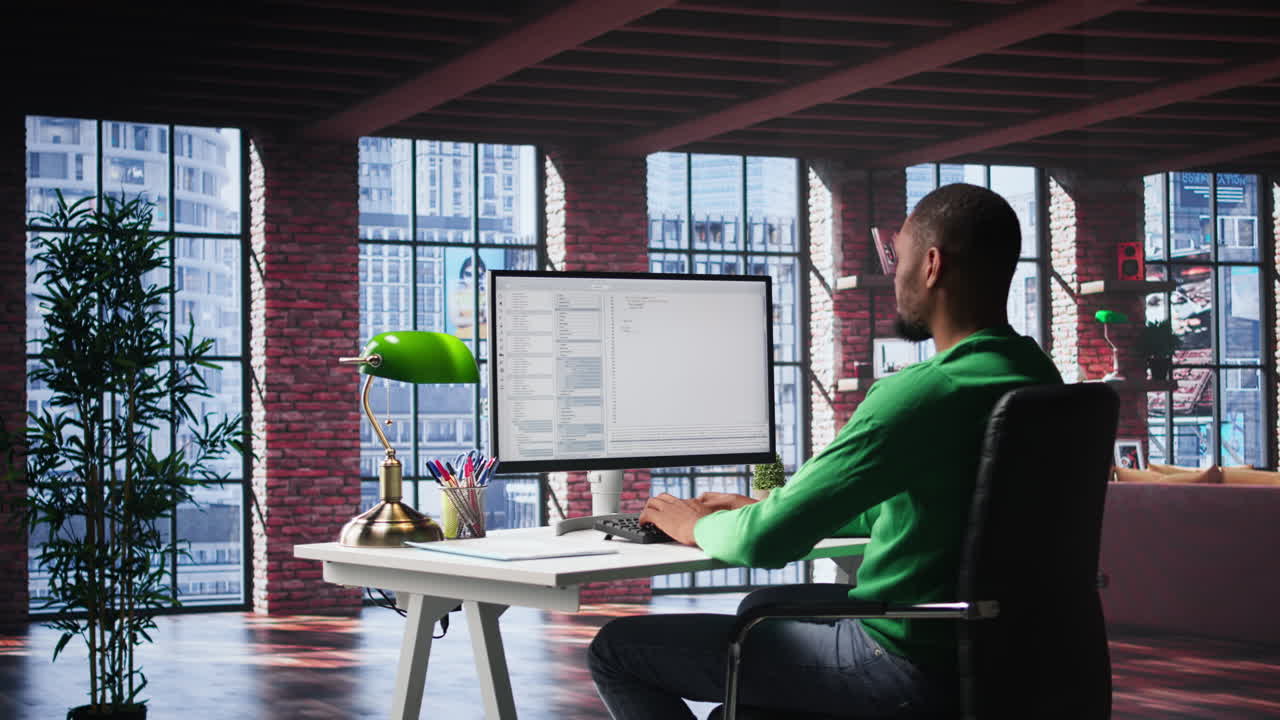 Vertical Video Black IT developer at PC coding and creating an app software