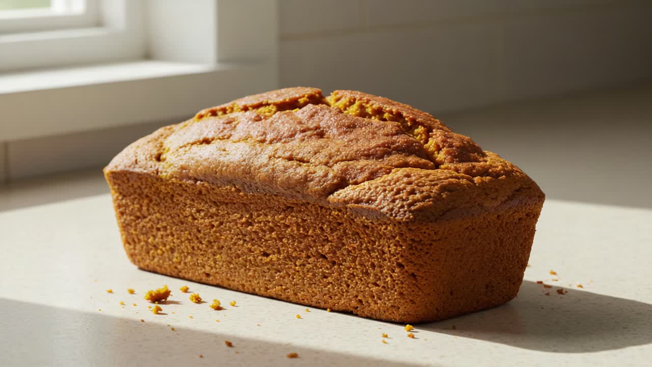 Golden Brown Freshly Baked Loaf of Cake Resting on a Bright Counter with Natural Light Streaming In Through a Nearby Window