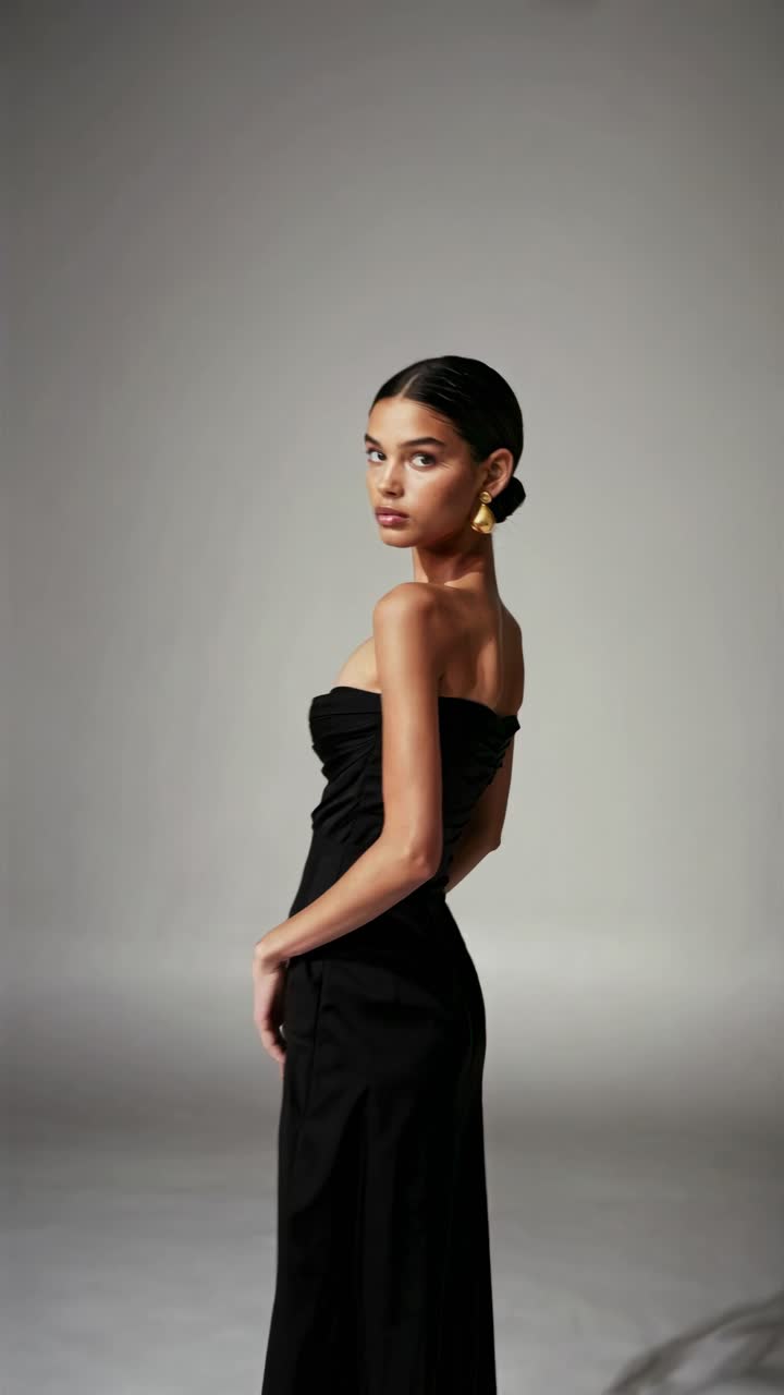 Elegant fashion video concept with a side-angle shot of a model in a black gown, set