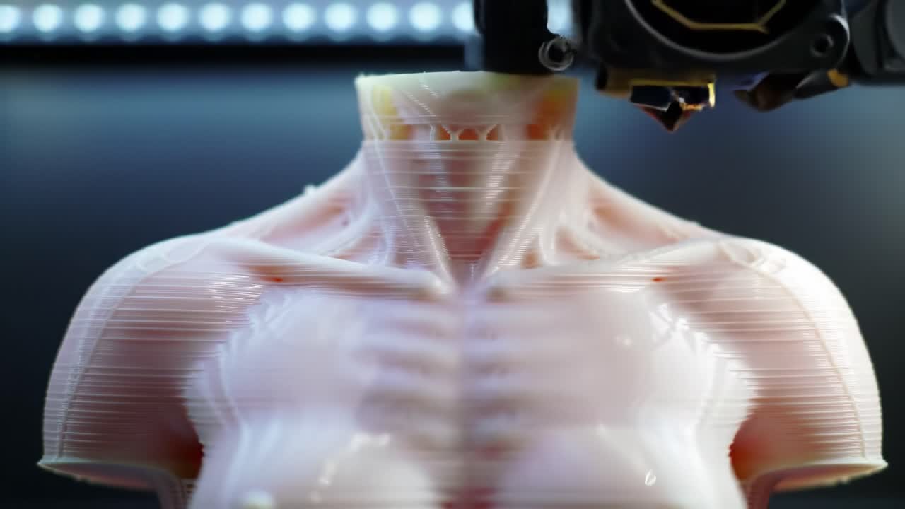 A Close-Up View of a 3D Printer Creating a Realistic Model of a Human Torso, Highlighting Both the Detail and Complexity of the Printing Process