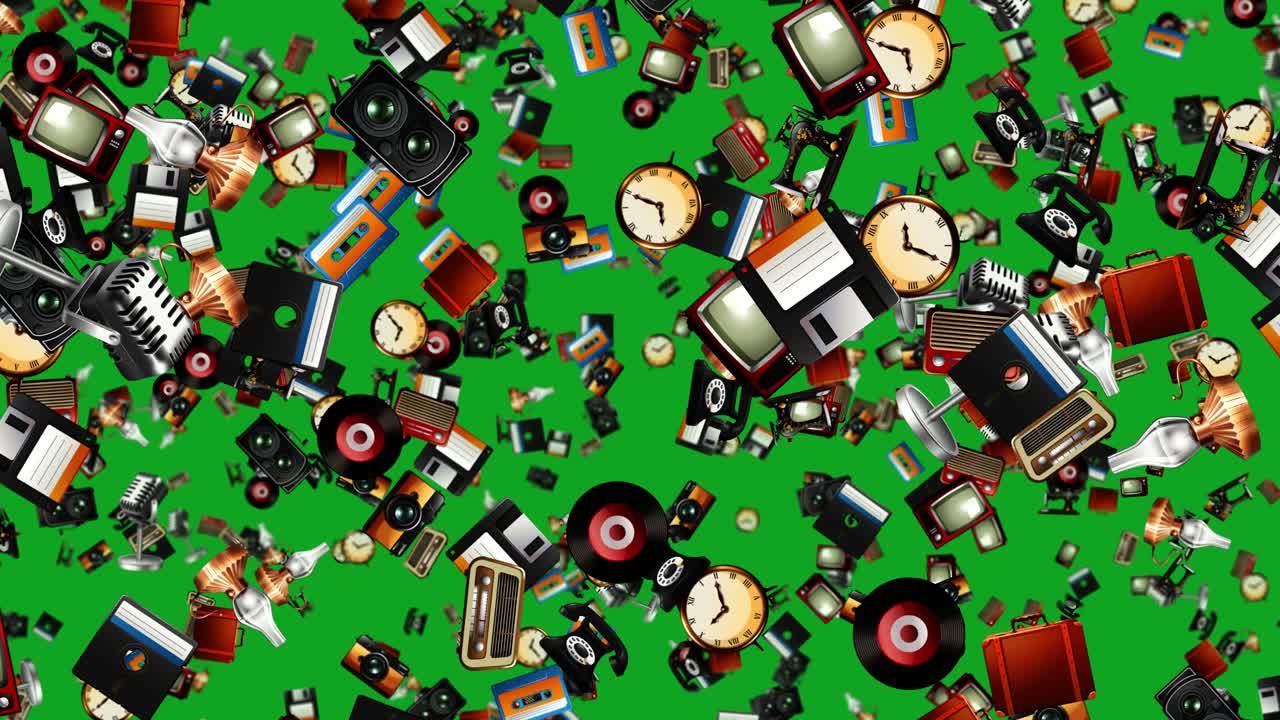Vintage electronics and analog objects cascade downward against a solid green screen background