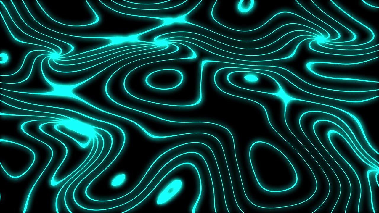 Cyan topographic wavy lines flowing on black background seamless loop