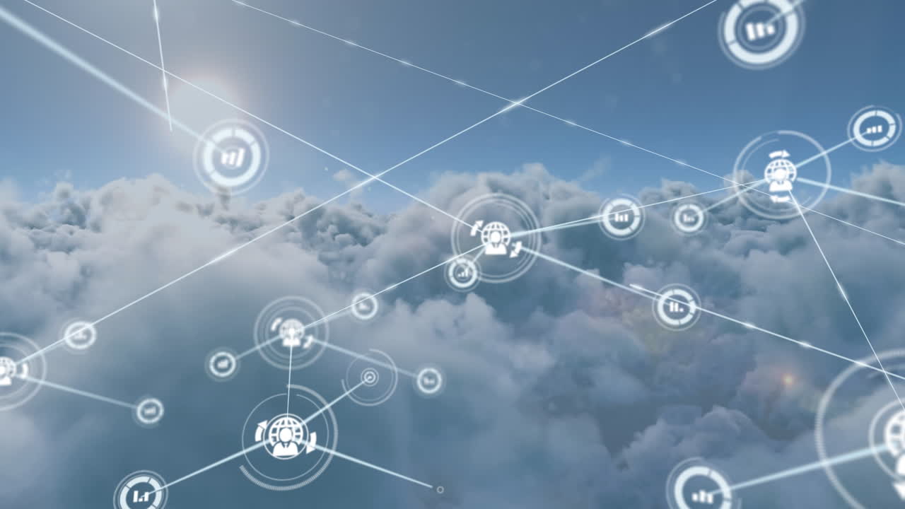 빛나는 태양과 구름 위의 아이콘으로 연결된 네트워크의 애니메이션